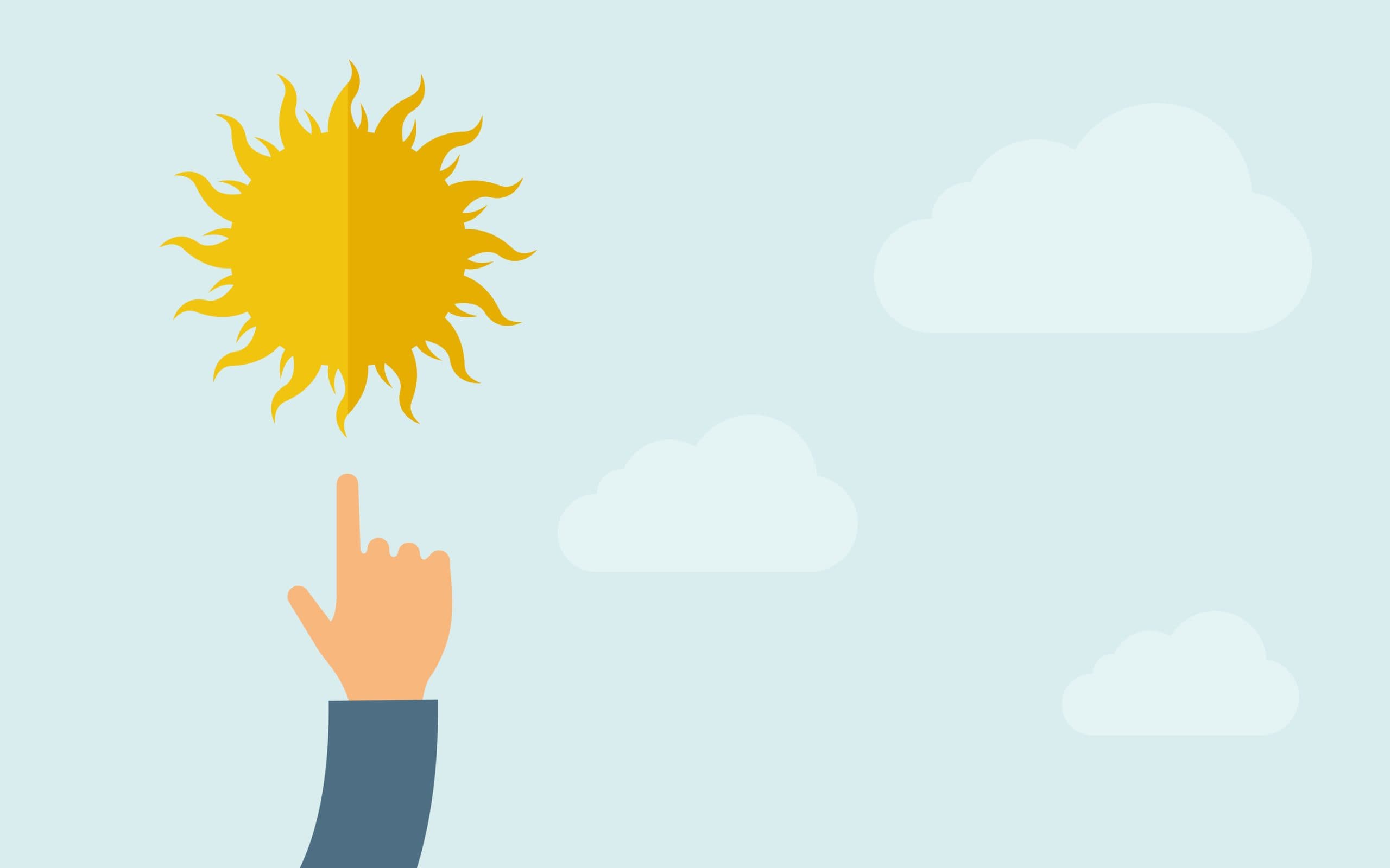 Ilustración de una mano señalando el sol en un cielo con nubes, sobre vitamina D y fotoprotección