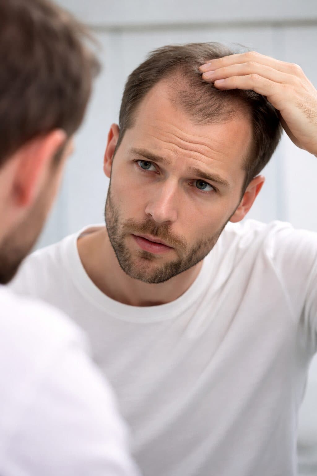 Hombre joven tocándose el cabello mientras observa su caída