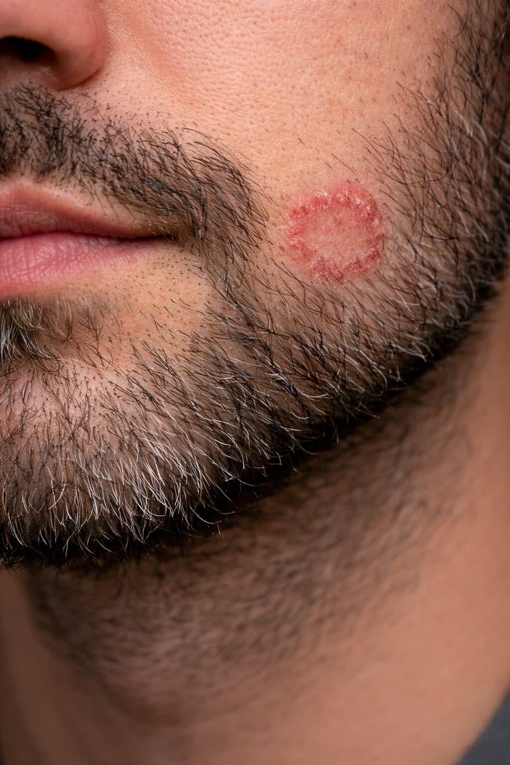 Primer plano de la barba de un hombre con una lesión rojiza circular por tiña