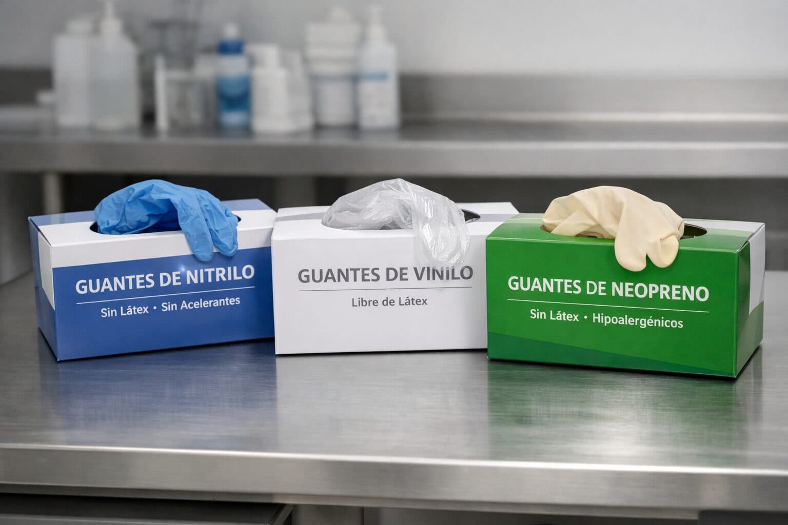 Cajas de guantes de nitrilo, vinilo y neopreno sobre una mesa de acero inoxidable
