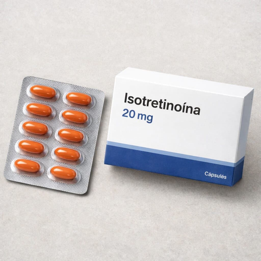 Caja y blíster de cápsulas de isotretinoína de 20 mg para el tratamiento del acné