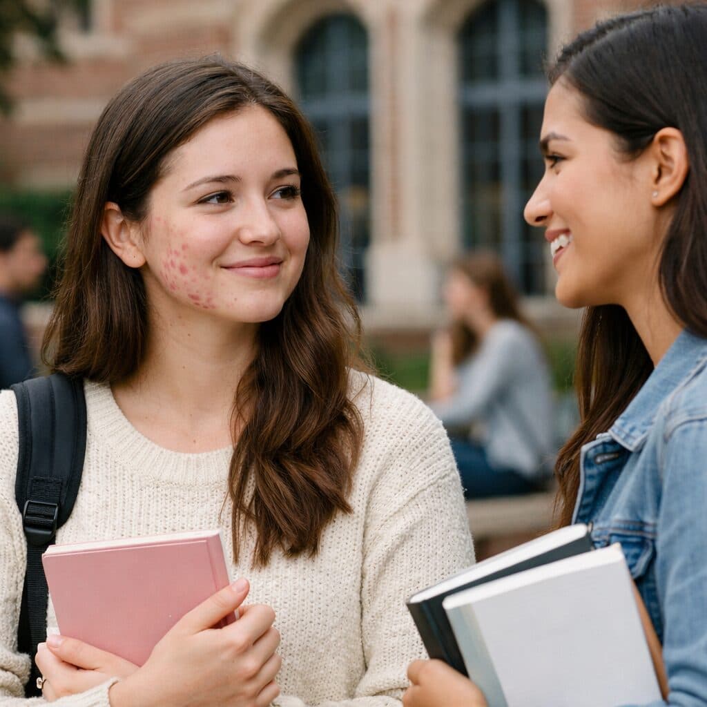 Dos estudiantes universitarias conversando en el campus, en un artículo sobre acné hormonal
