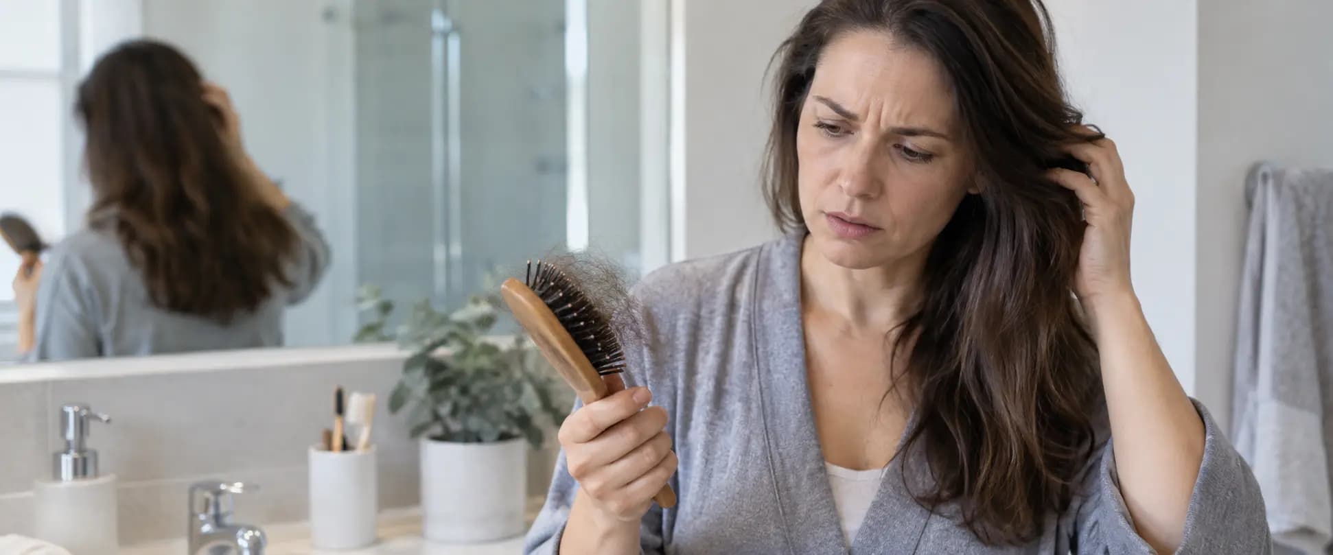 Mujer en el baño de su casa observando con preocupación el cabello acumulado en su cepillo después de cepillarse.