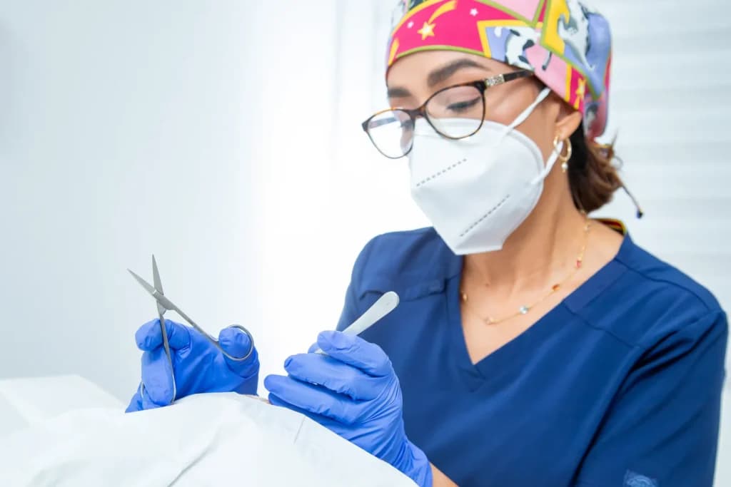 Dra. Lyda Grimaldo Sosa con gorro y mascarilla realizando un procedimiento dermatológico