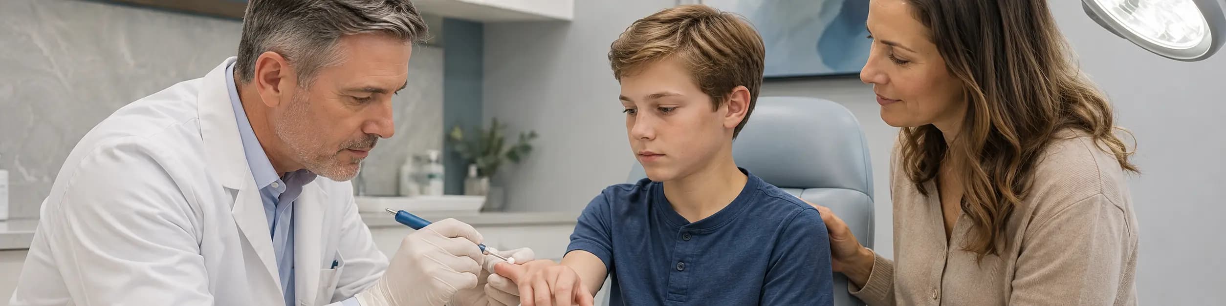 Dermatólogo realizando crioterapia en una verruga periungueal de un niño acompañado por su madre en consulta médica.