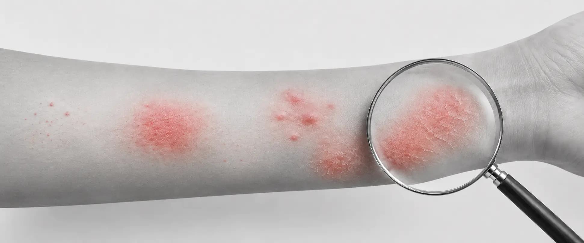 Antebrazo en blanco y negro con lesiones eritematosas rojas observadas con lupa