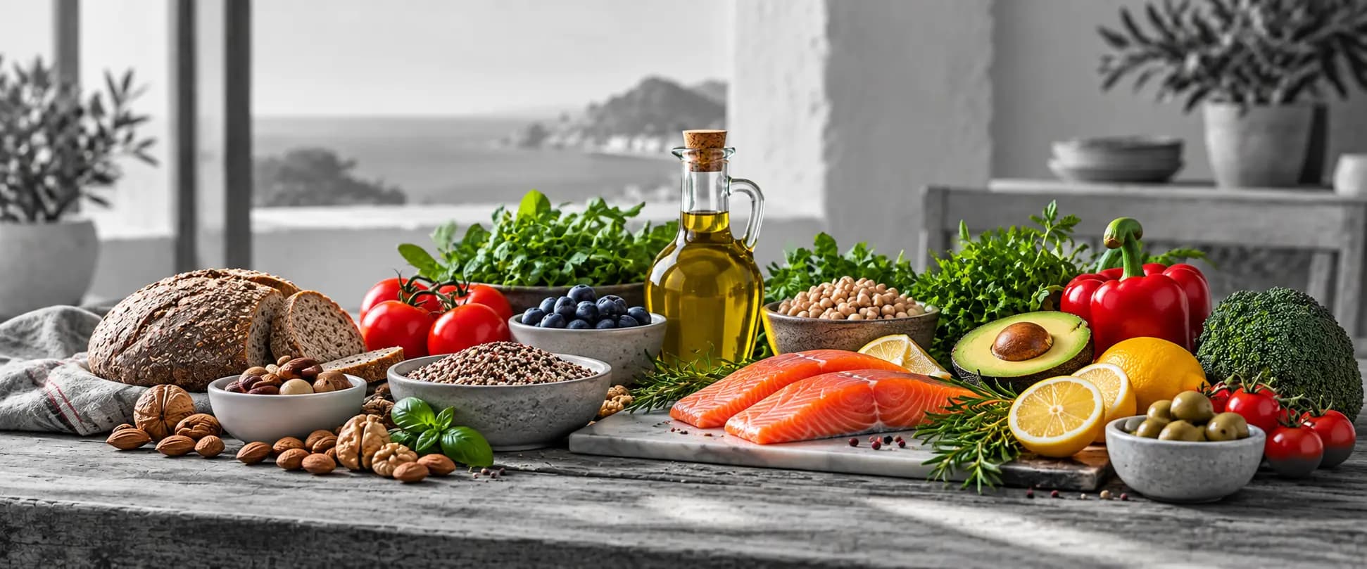 Alimentos de la dieta mediterránea, como pescado, frutas, verduras, cereales integrales, frutos secos y aceite de oliva, en una imagen sobre psoriasis y alimentación.