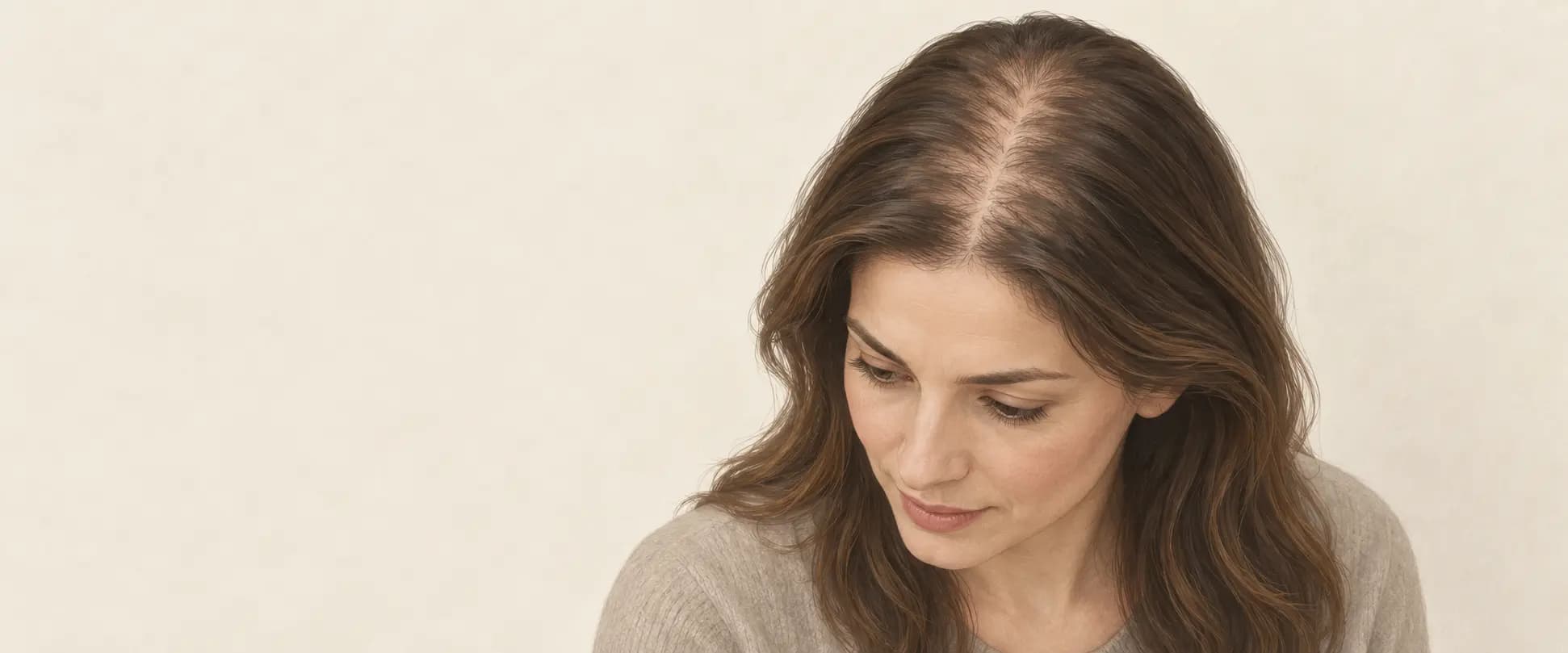 Ilustración de una mujer con adelgazamiento del cabello, raya central ensanchada y cuero cabelludo ligeramente visible.