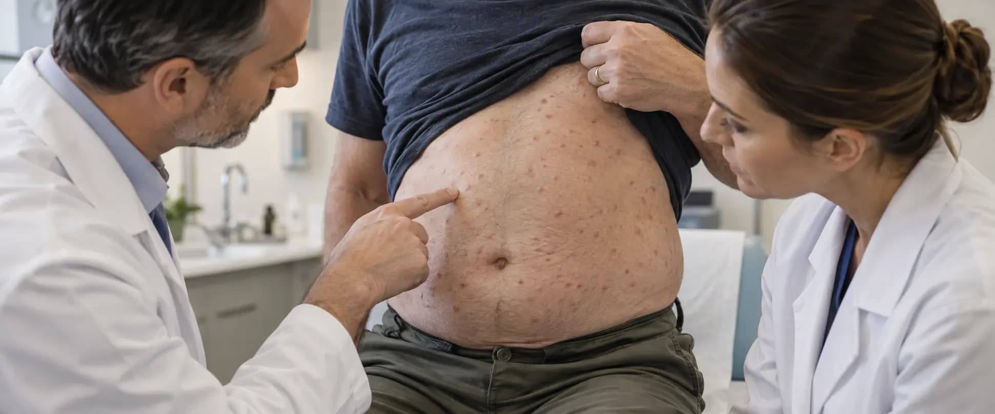 Ilustración de dos dermatólogos examinando lesiones de pitiriasis liquenoide crónica en el abdomen de un hombre de mediana edad.