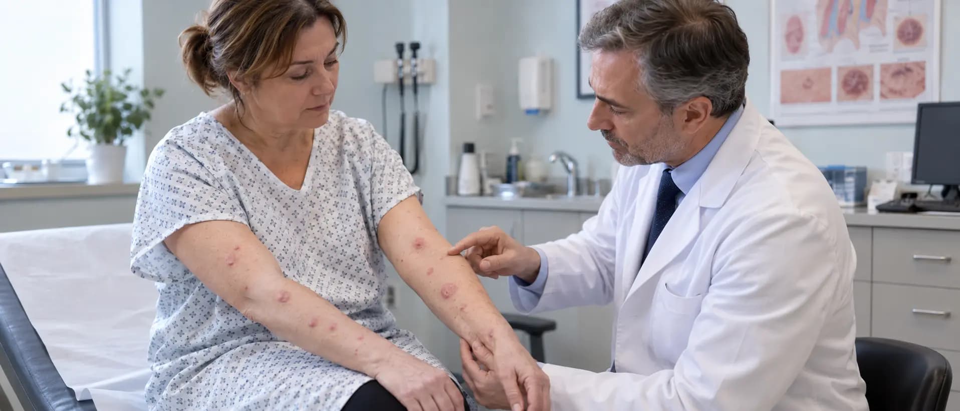 Ilustración de una mujer con lesiones de síndrome de Sweet en ambos brazos, examinada por un dermatólogo en un hospital.