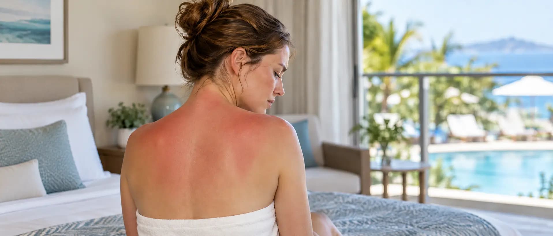Mujer con quemadura solar de primer grado en la espalda alta y cuello, sentada en una habitación de hotel frente a una piscina.