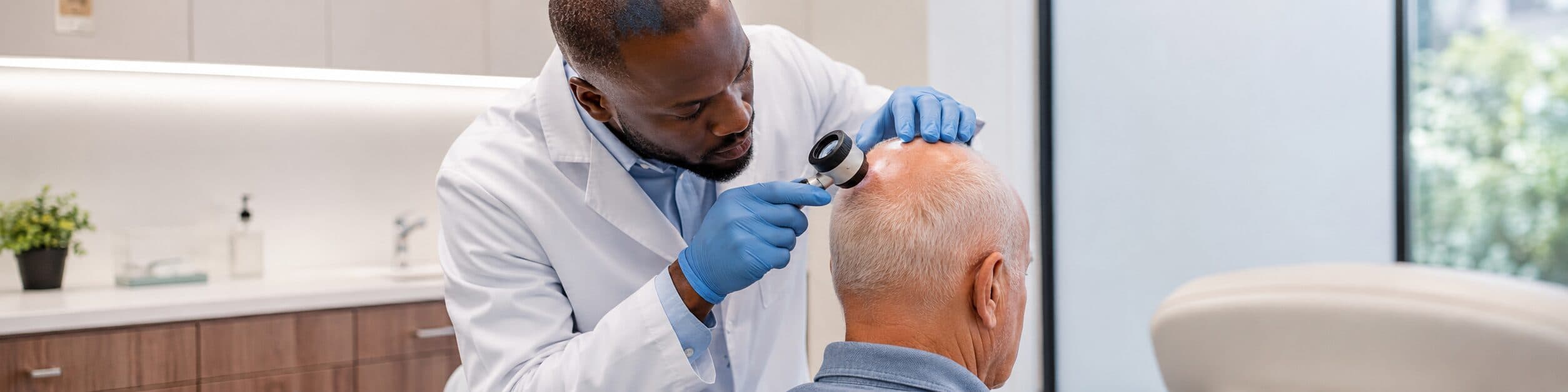 Dermatólogo revisando con dermatoscopio el cuero cabelludo de un adulto mayor por sospecha de carcinoma epidermoide.