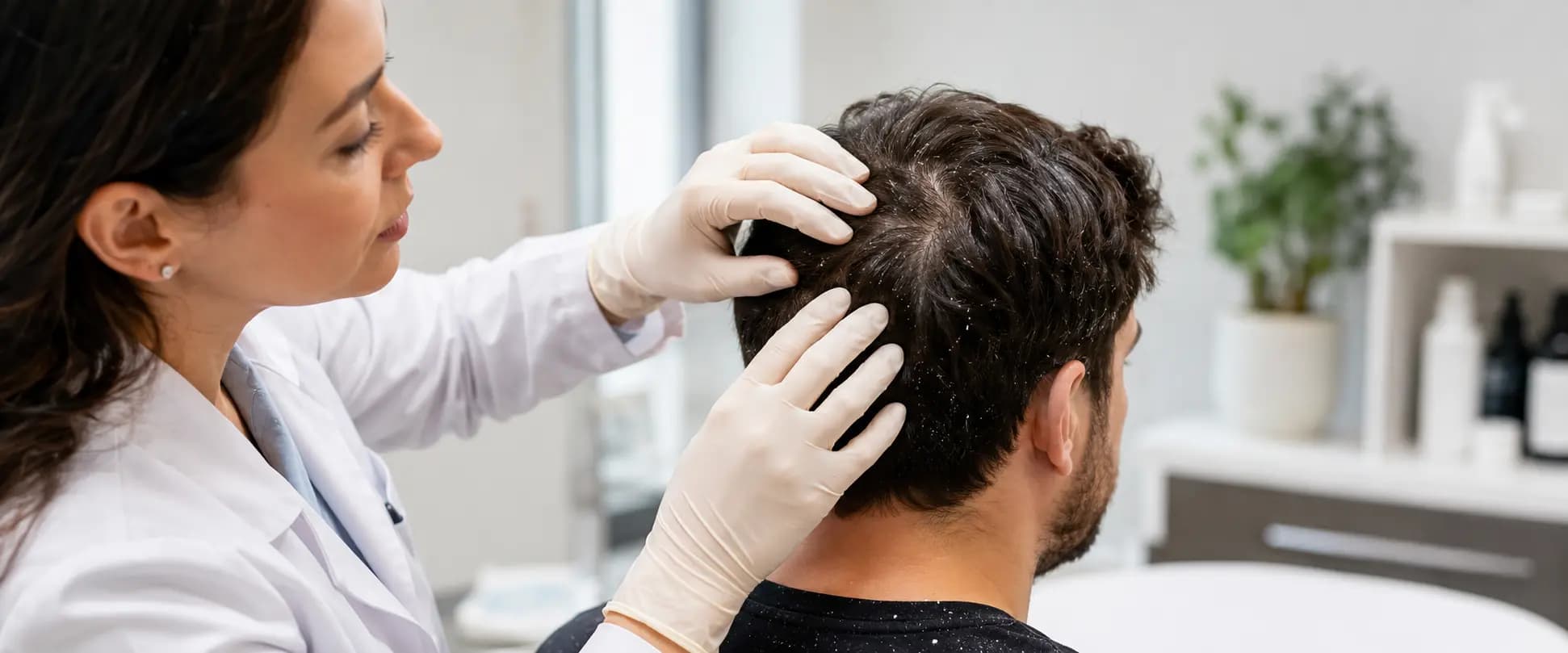 Dermatóloga examina el cuero cabelludo de un paciente con caspa durante una consulta médica.