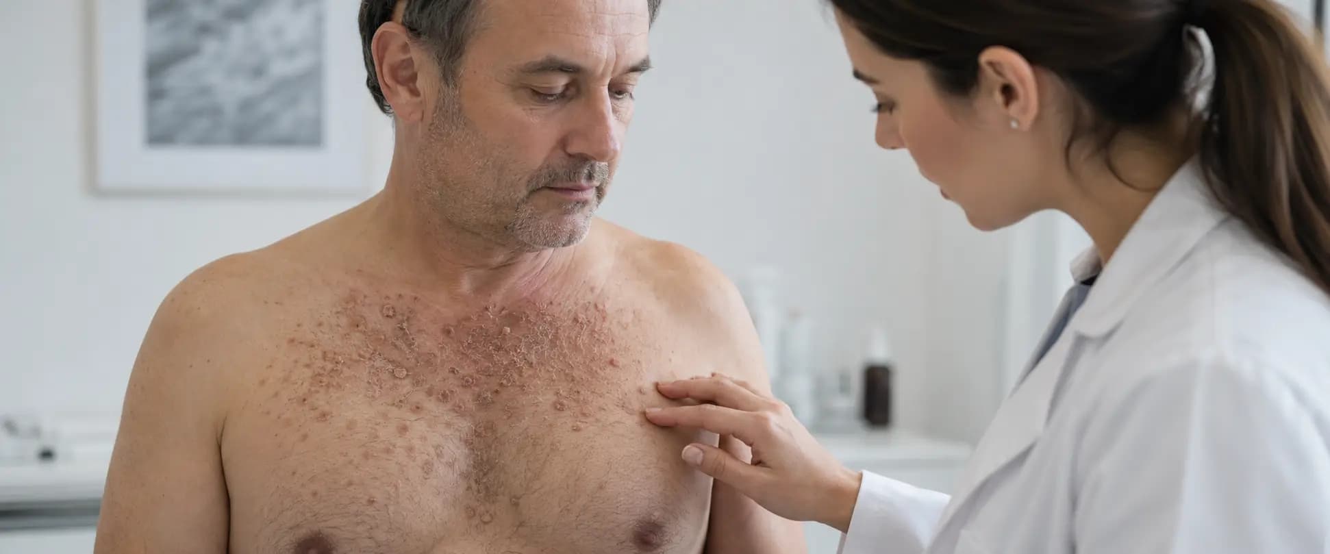 Ilustración fotorrealista de una dermatóloga examinando lesiones compatibles con la enfermedad de Darier en el pecho de un hombre de mediana edad.