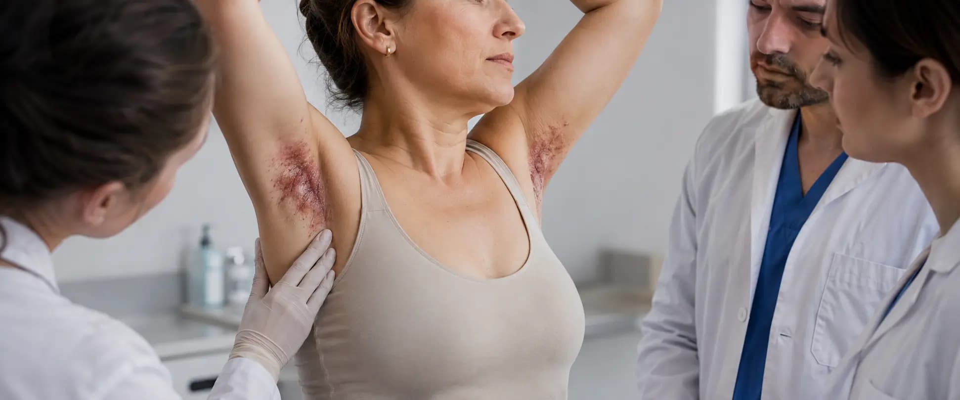 Ilustración fotorrealista de una mujer adulta con lesiones axilares compatibles con enfermedad de Hailey-Hailey, evaluada por dermatólogos en un hospital.