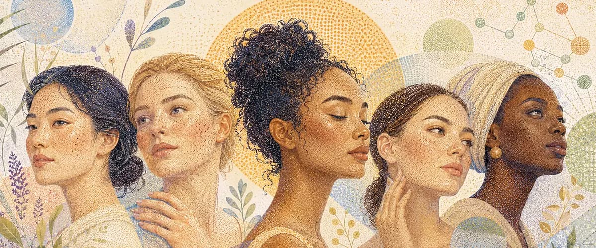 Cinco mujeres con distintos tonos de piel y manchas faciales en una ilustración sobre autocuidado y prevención dermatológica.