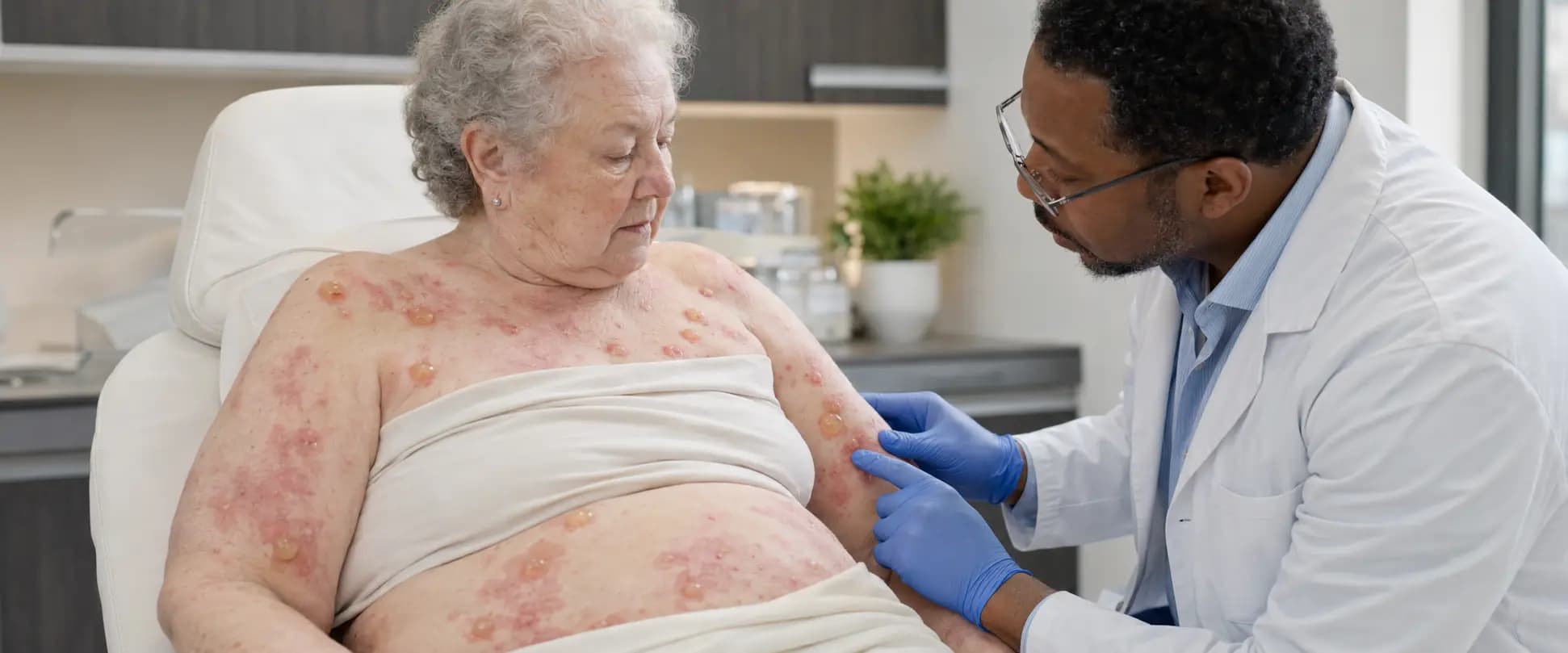 Dermatólogo valora a una adulta mayor con penfigoide ampolloso, ampollas en el abdomen y en el tórax.