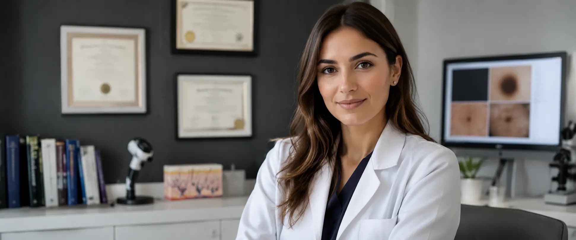 Dermatóloga certificada en consultorio dermatológico moderno, con diplomas y recursos médicos al fondo, en imagen editorial sobre la importancia de consultar con un dermatólogo certificado.