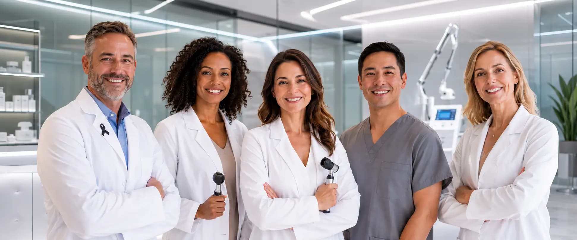 Equipo diverso de dermatólogos con dermatoscopios en una clínica moderna, representando las condiciones de la piel, el cabello y las uñas que trata la dermatología.