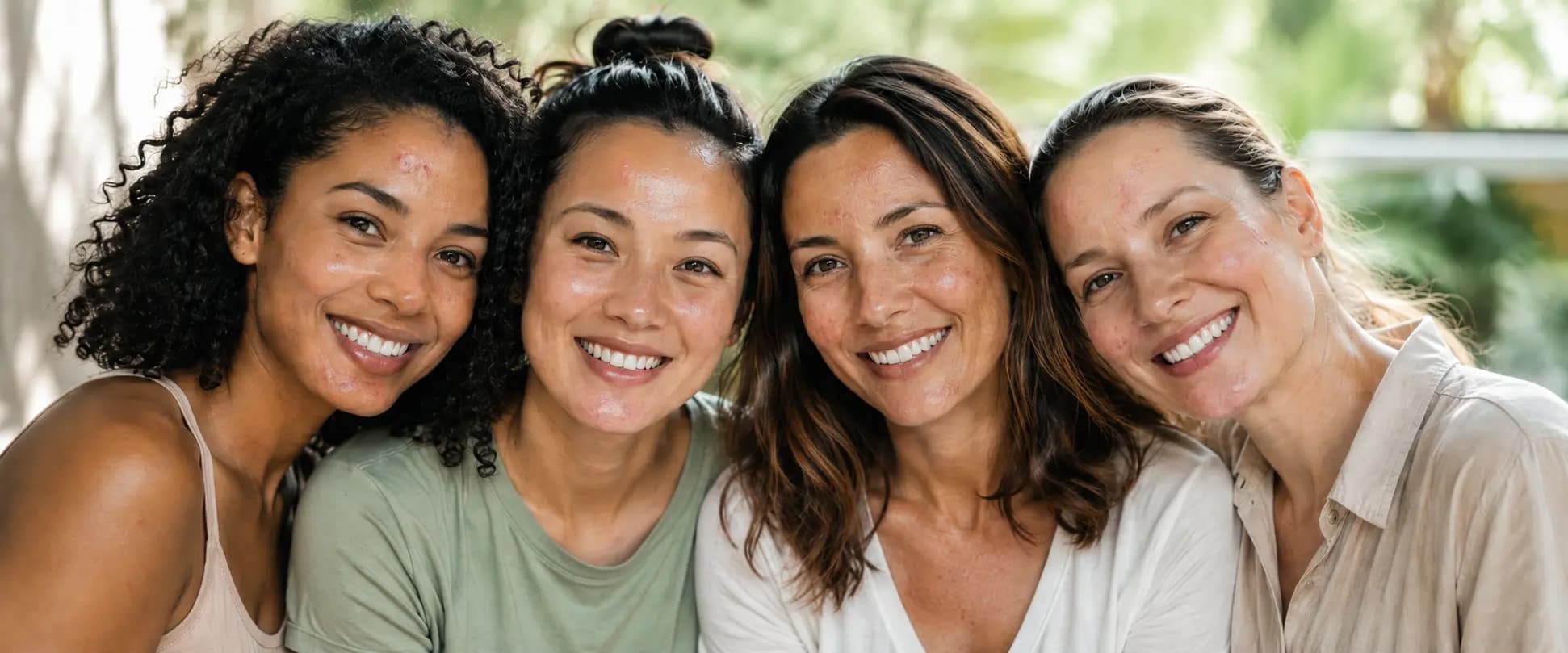 Cuatro mujeres de distintas edades y etnias sonríen juntas, con piel grasa y acné leve visible en rostro, en una imagen editorial sobre rutina de skincare.