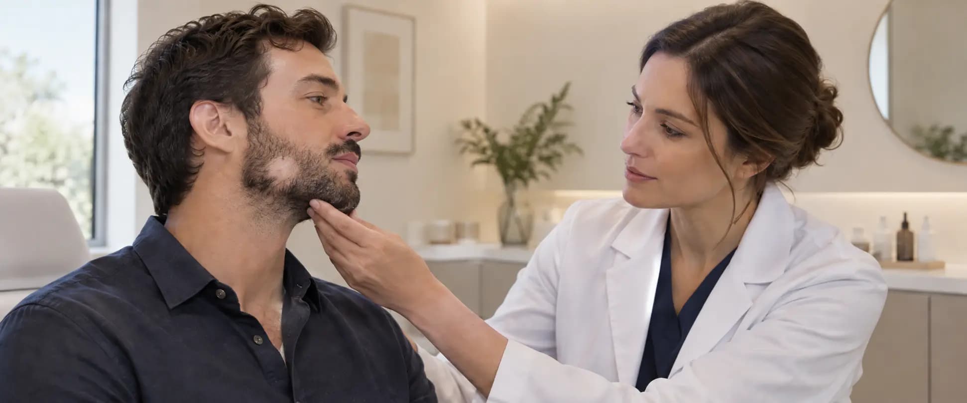 Ilustración de una dermatóloga examinando a un hombre con una zona circular sin vello por alopecia areata en la barba.