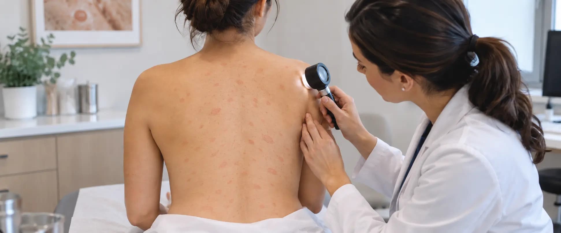 Dermatóloga evaluando la espalda de una paciente con múltiples lesiones pequeñas compatibles con pitiriasis rosada
