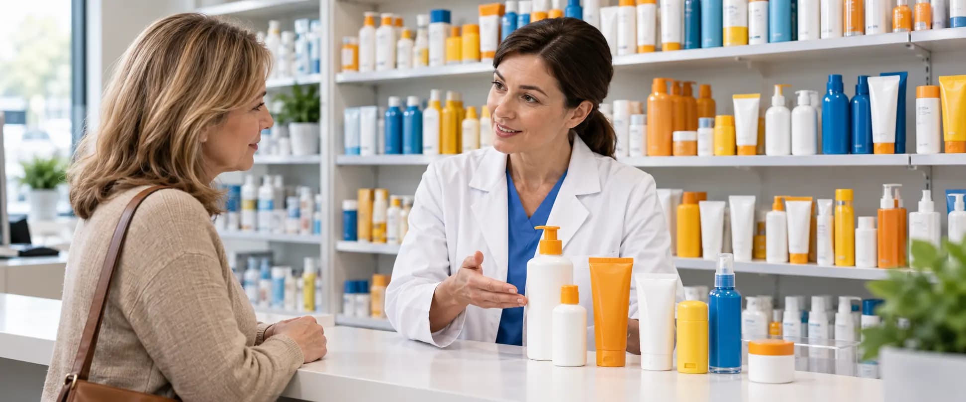 Mujer de mediana edad recibe asesoría médica en una farmacia, con protectores solares en distintas presentaciones sobre el mostrador.