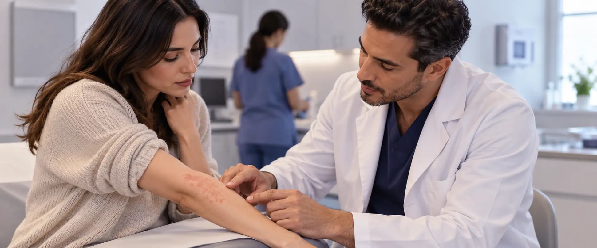 Dermatólogo examina un brote cutáneo rojizo en el antebrazo de una paciente durante una consulta médica, con una enfermera desenfocada al fondo.