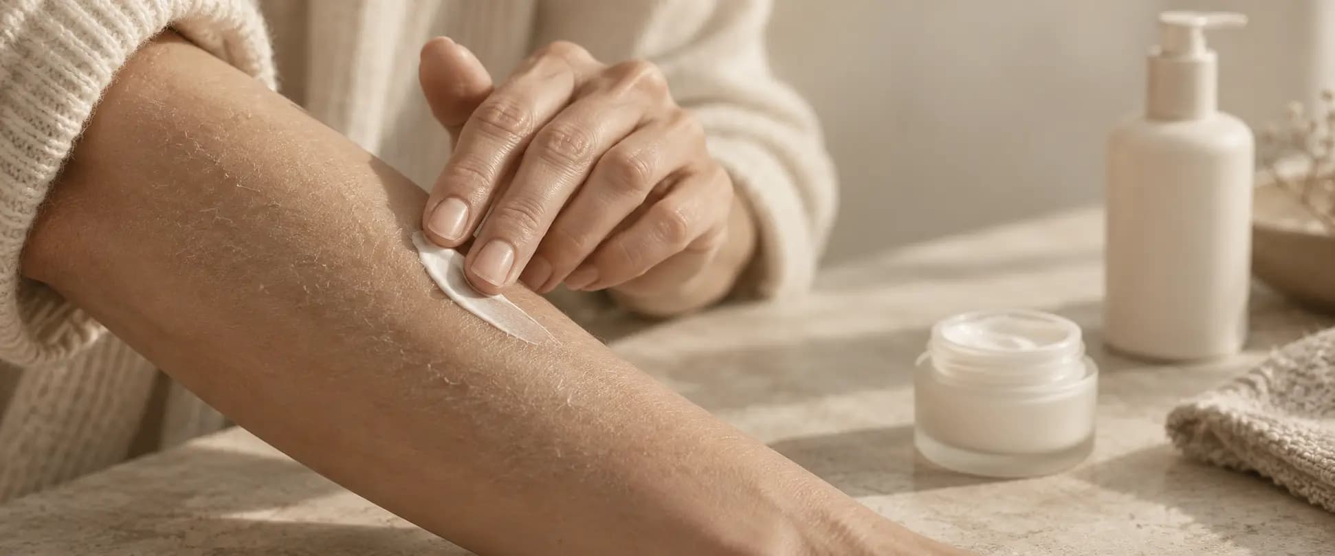 Aplicación de crema humectante sobre la piel seca del antebrazo, con descamación fina visible.