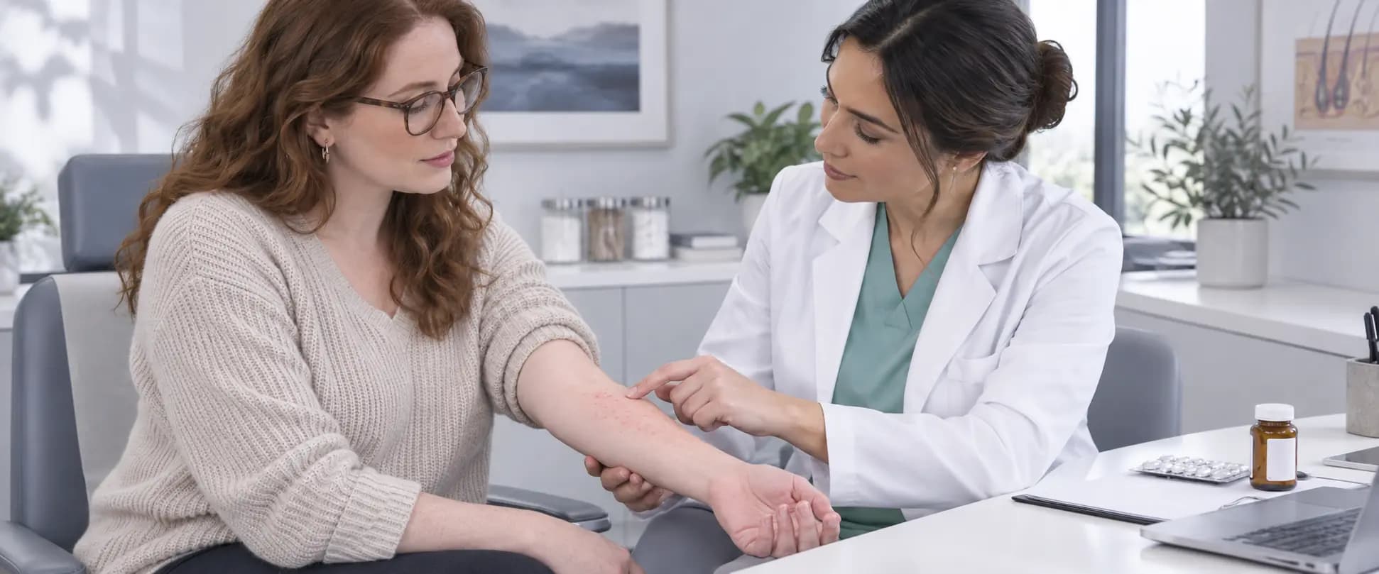 Dermatóloga evalúa una reacción a medicamentos en la piel del antebrazo de una paciente durante una consulta médica.