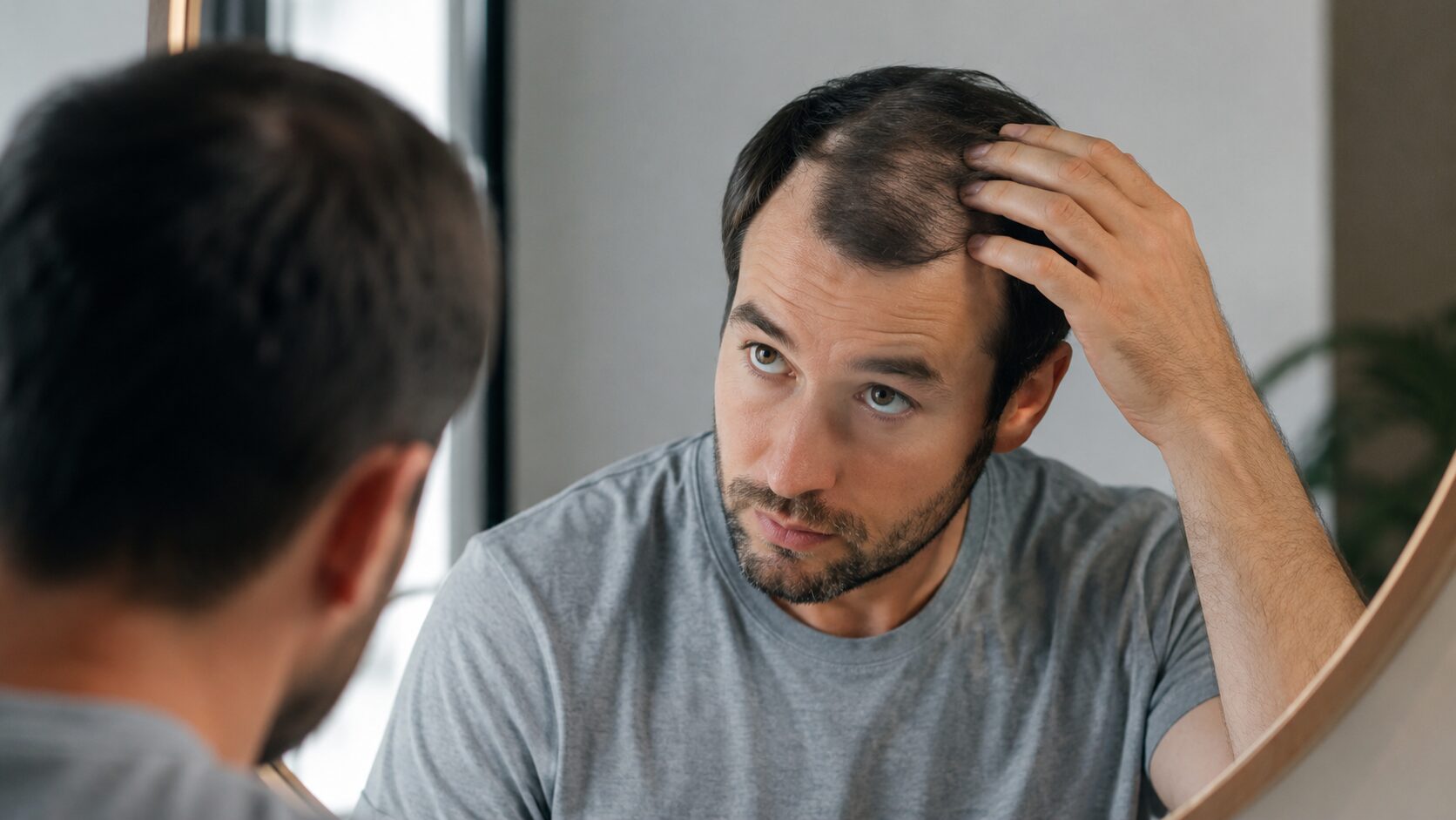 Hombre observando pérdida de cabello frente a un espejo
