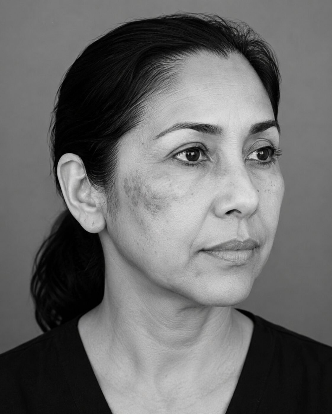 Fotografía en blanco y negro de una mujer de mediana edad con melasma visible en el arco cigomático derecho.