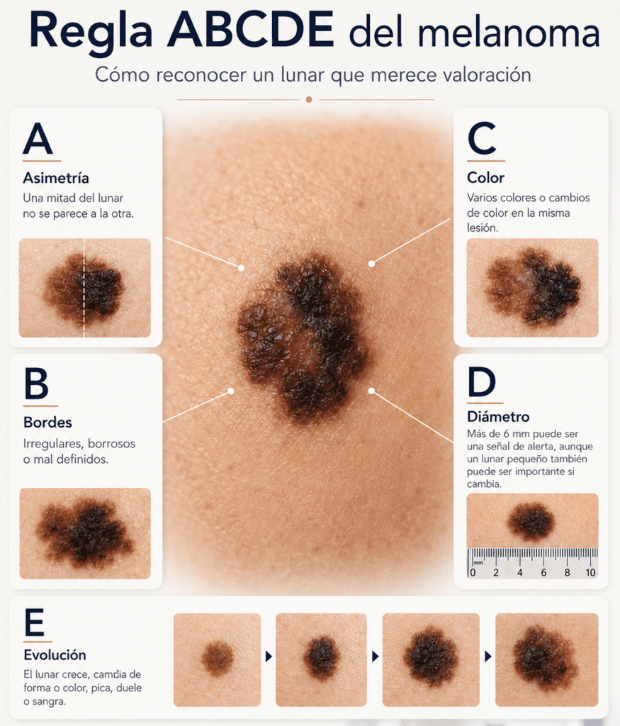 Ilustración médica de la regla ABCDE del melanoma para reconocer un lunar con asimetría, bordes irregulares, varios colores, diámetro mayor de 6 mm o cambios.