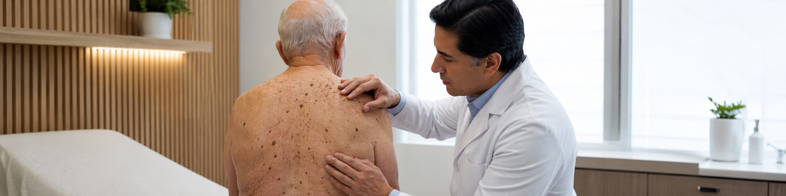 Médico dermatólogo evalúa múltiples queratosis seborreicas en la espalda de un adulto mayor durante consulta médica.