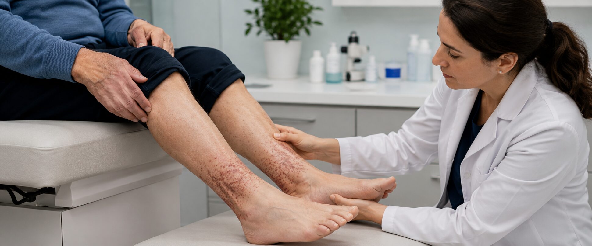 Paciente adulto mayor con púrpura pigmentaria y capilaritis en ambos tobillos durante evaluación por dermatóloga.