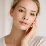 Retrato editorial con piel natural y luz difusa; representa cuidado suave para piel seca y sensible y reparación de la barrera cutánea.