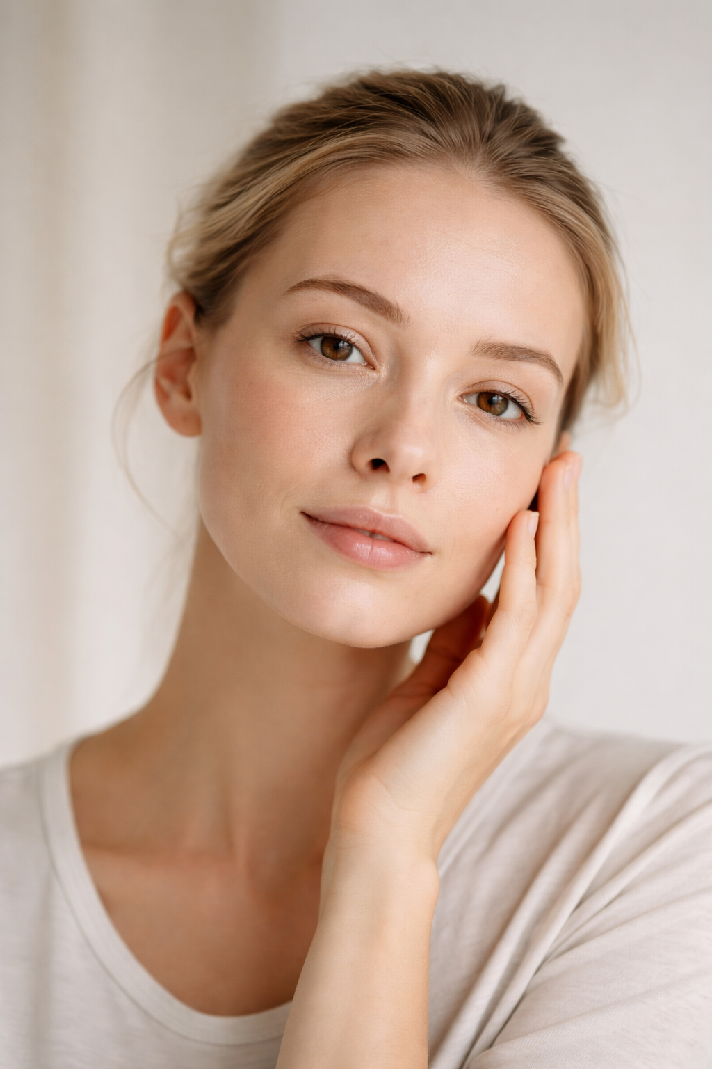 Retrato editorial con piel natural y luz difusa; representa cuidado suave para piel seca y sensible y reparación de la barrera cutánea.