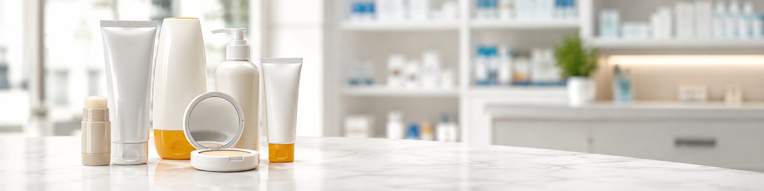 Diferentes tipos de filtros solares colocados sobre un mostrador de farmacia en un entorno médico