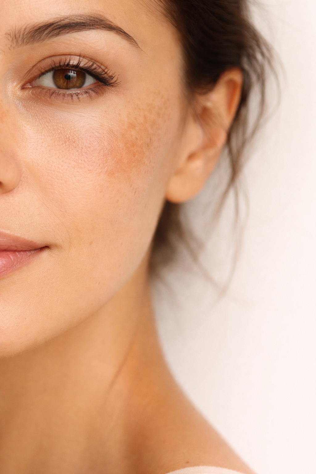 Mujer con melasma leve en mejilla: retrato minmalista con luz suave