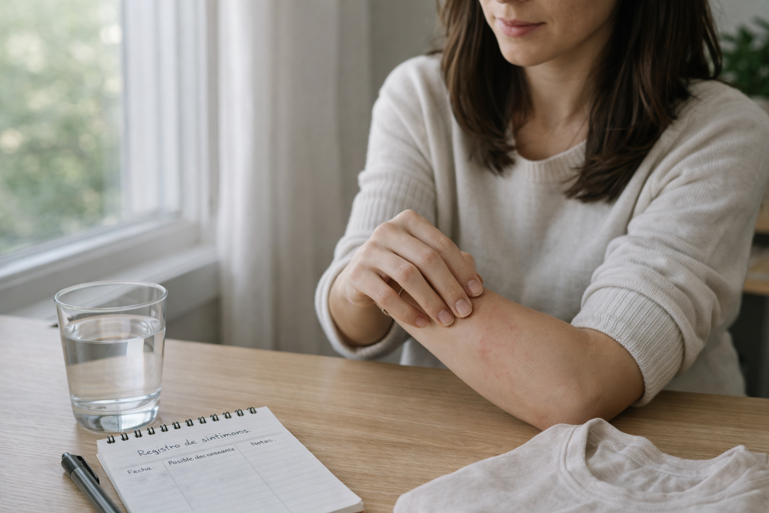 Mujer revisando una zona con urticaria leve en el antebrazo, en un entorno doméstico tranquilo, como imagen de prevención y control de brotes.