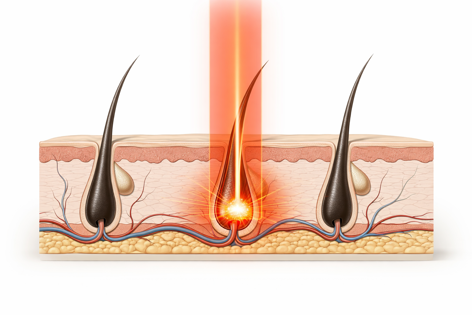 Ilustración médica de un corte de piel con folículos pilosos.