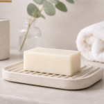 Barra de limpiador syndet sobre una jabonera en el bañ, opción suave para piel sensible