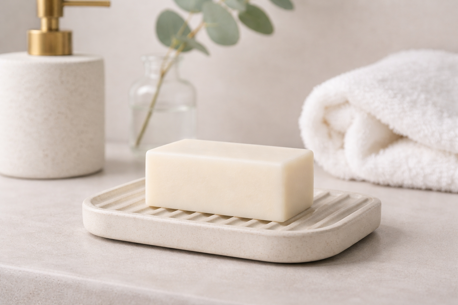 Barra de limpiador syndet sobre una jabonera en el bañ, opción suave para piel sensible
