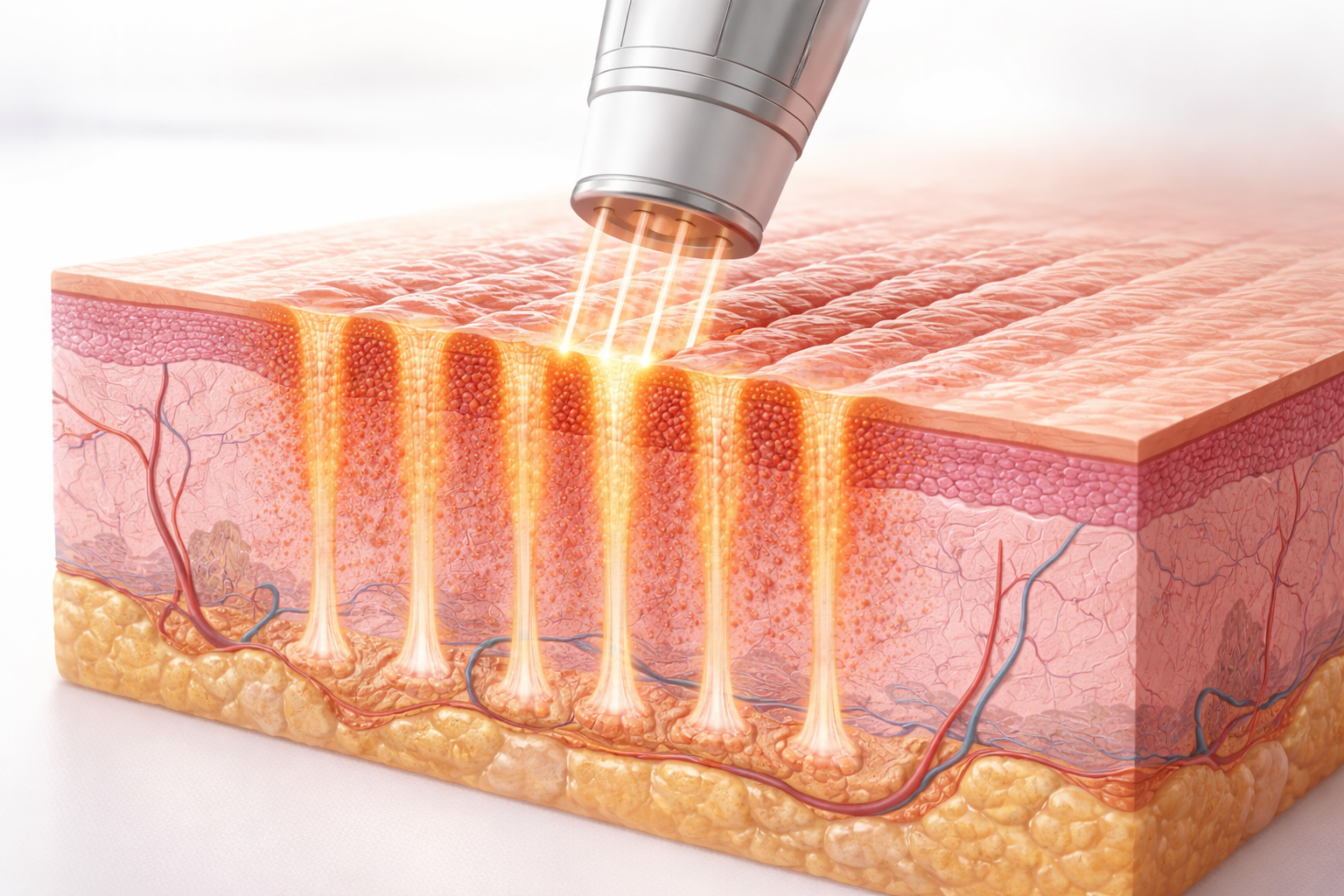 Ilustración del láser de CO₂ fraccionado creando microcolumnas de tratamiento en la piel para remodelación y renovación.