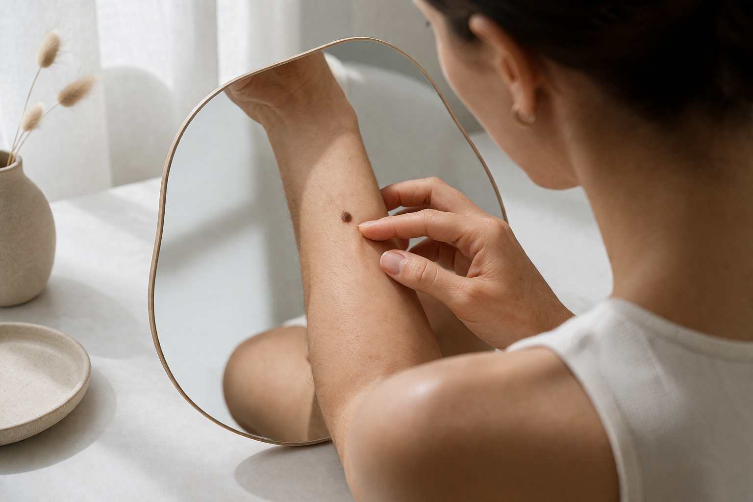 Persona adulta examinando un lunar en su antebrazo durante un autoexamen de piel