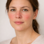 Mujer adulta con enrojecimiento persistente en mejillas y nariz, representativo de rosácea facial