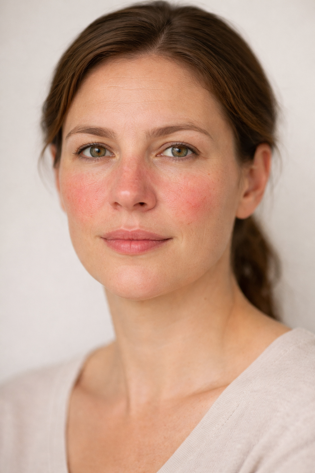 Mujer adulta con enrojecimiento persistente en mejillas y nariz, representativo de rosácea facial