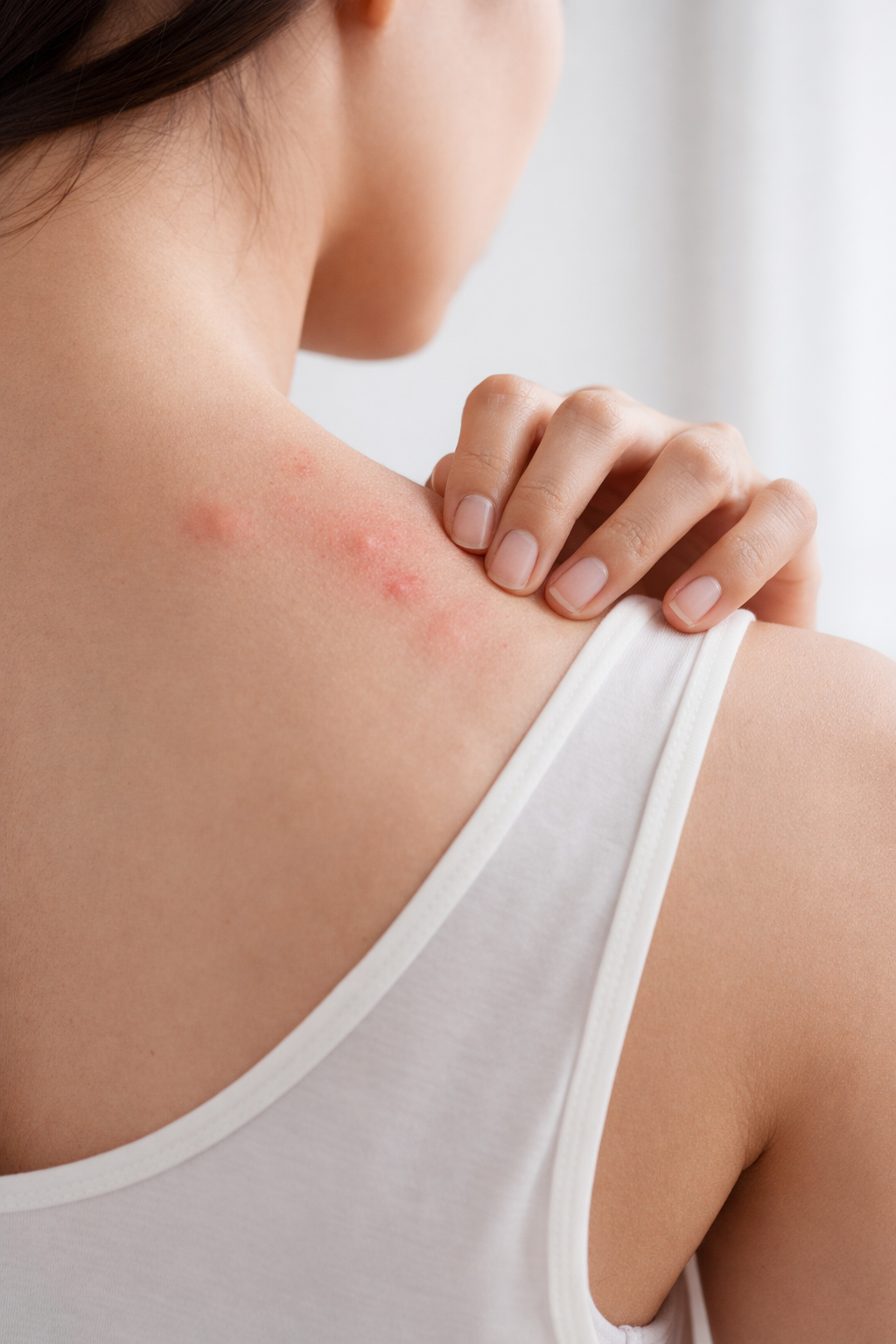 Ronchas rojizas tipo urticaria en hombro y parte alta de la espalda