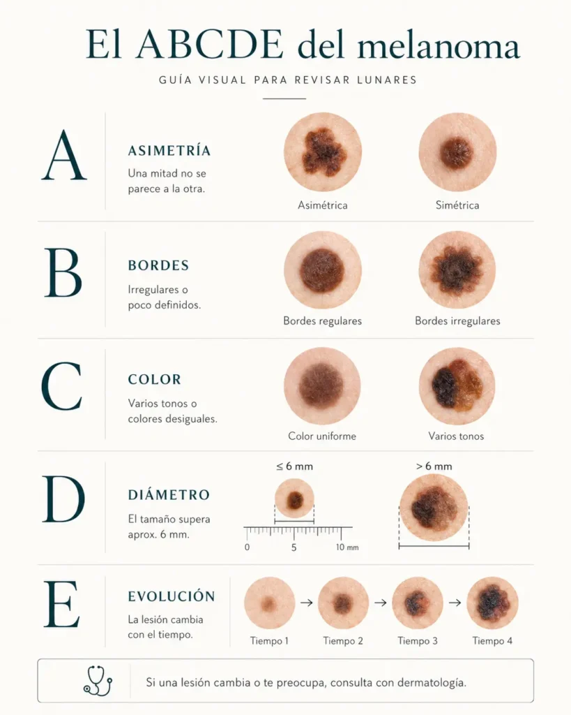 Infografía médica sobre el ABCDE del melanoma para identificar asimetría, bordes, color, diámetro y evolución en lunares sospechosos.