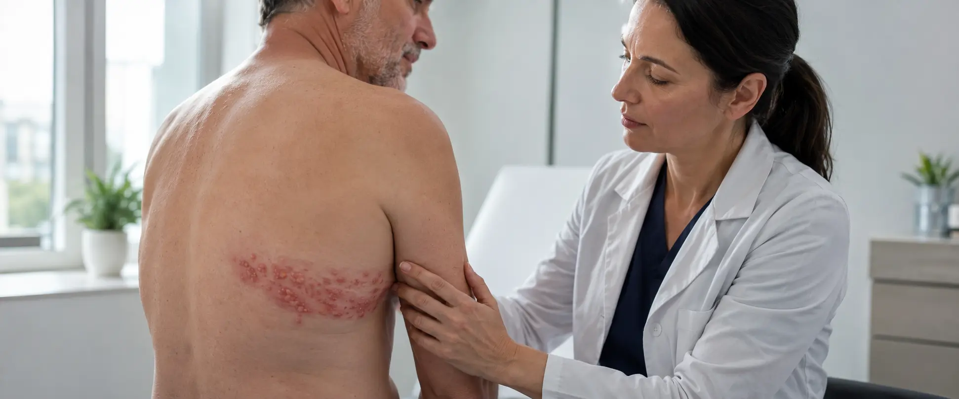 Dermatóloga evaluando una erupción compatible con herpes zóster en el torso de un paciente durante una consulta médica.
